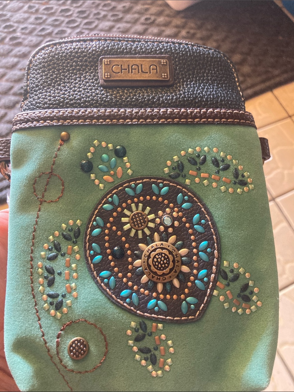 Chala Teal Turtle Embellished Crossbody Pouch